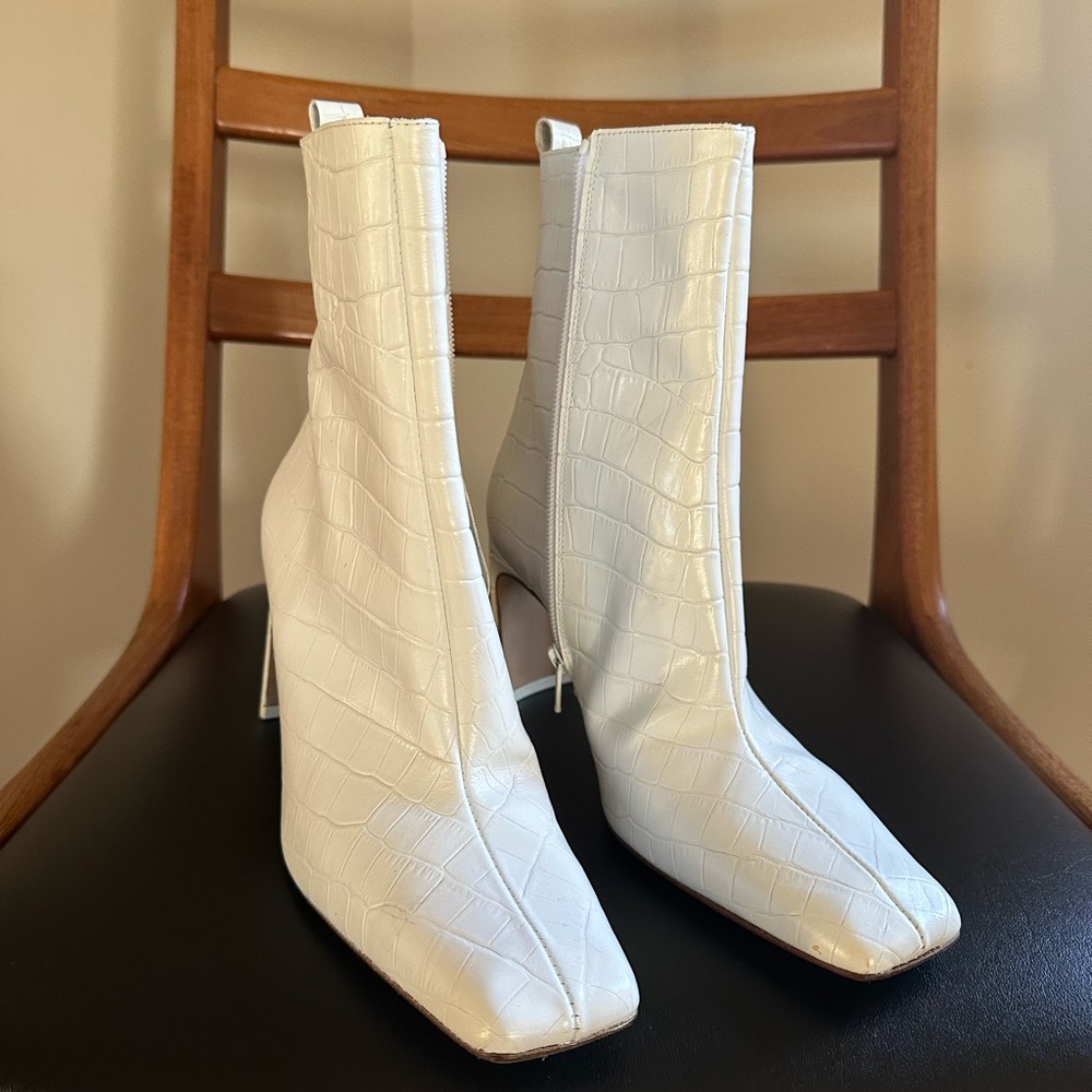 White Croc-Embossed Leather Ankle Boots